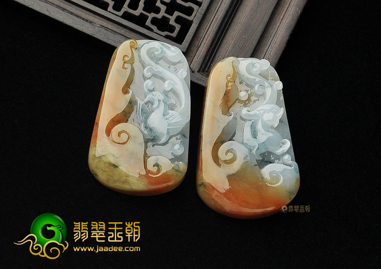 糯冰种褐黄翡仿古龙凤牌挂件(一对)