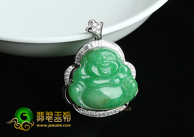 糯冰种阳绿镶白金玉佛挂件