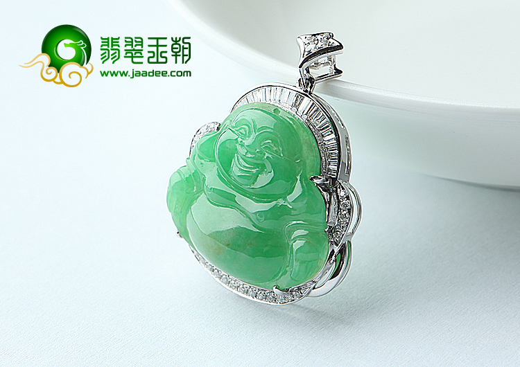 糯冰种阳绿镶白金玉佛挂件