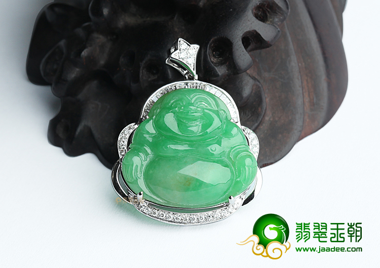 糯冰种阳绿镶白金玉佛挂件