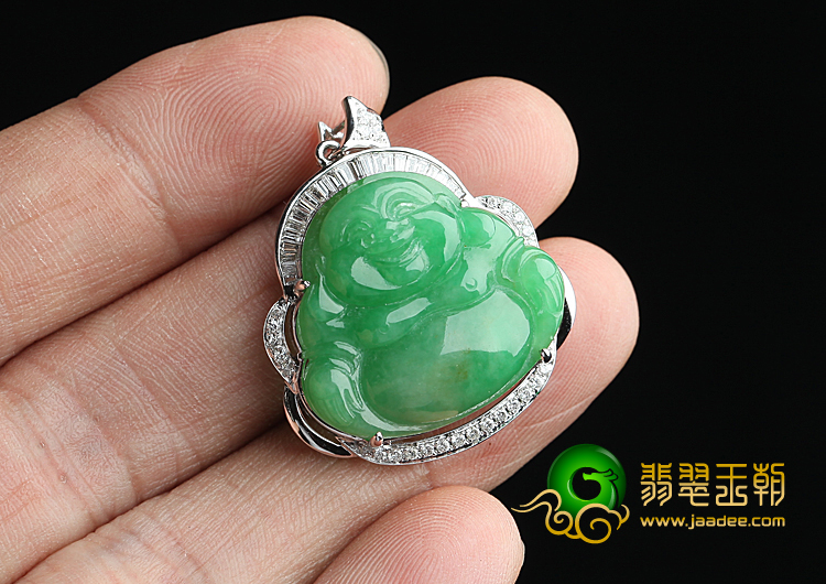 糯冰种阳绿镶白金玉佛挂件