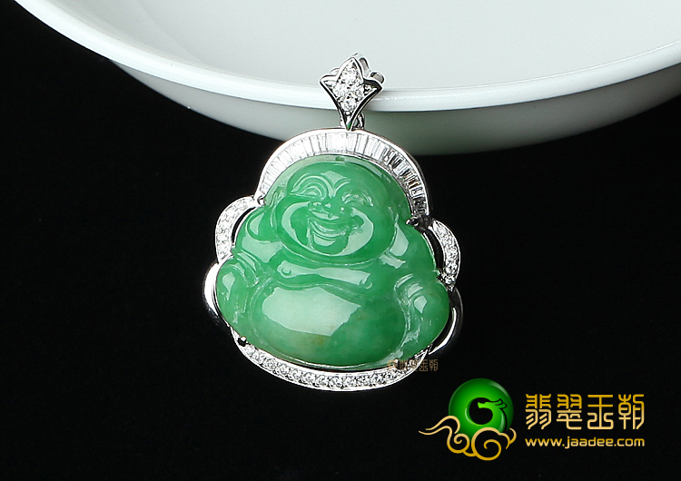 糯冰种阳绿镶白金玉佛挂件