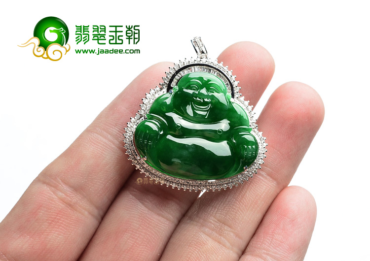 (超值推荐)冰种正阳绿镶白金玉佛胸坠(真钻)