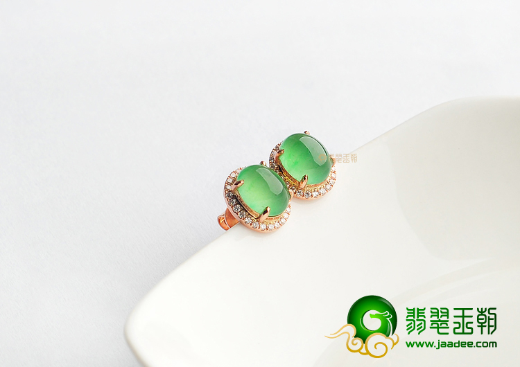 冰种阳绿镶玫瑰金钻石耳钉