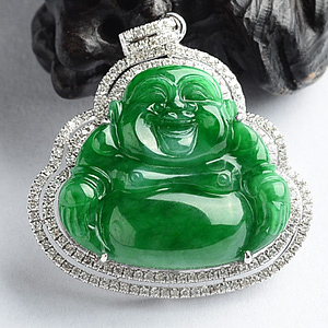 (超值推荐)冰种阳绿镶白金玉佛胸坠(真钻)