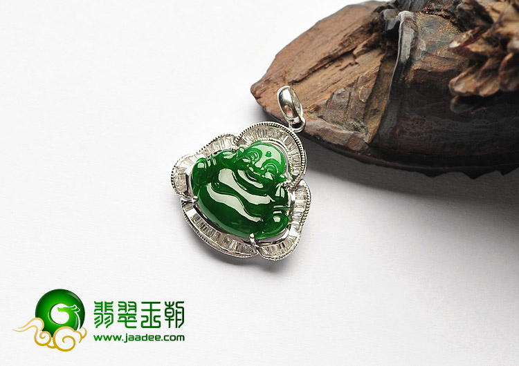 (超值推荐)冰种帝王绿镶白金钻石玉佛胸坠