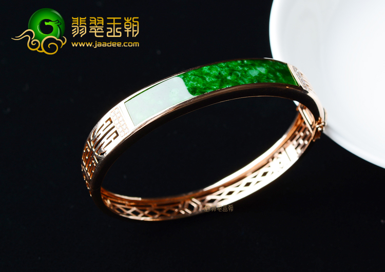 (超值推荐)冰种花青镶玫瑰金钻石贵妃镯(57.3mm-48.2mm)