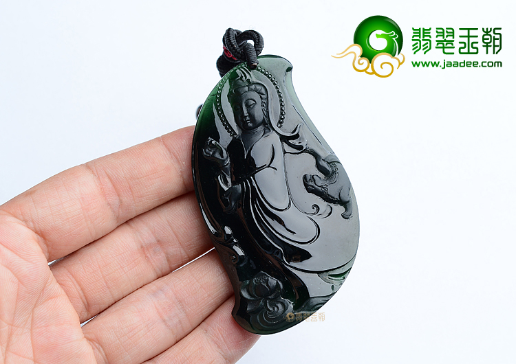 冰玻种墨翠莲花观音挂件