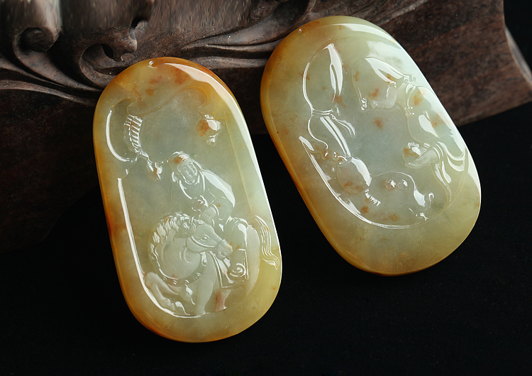 糯冰种褐黄翡飘红花四大喜事挂件（一套）