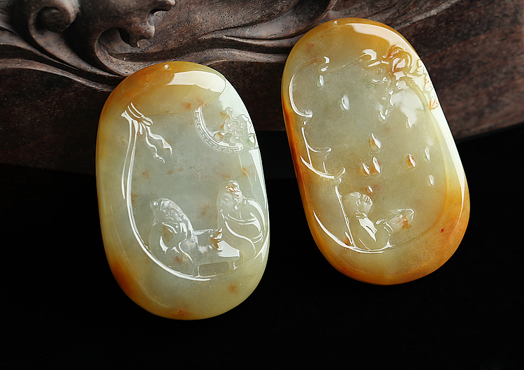 糯冰种褐黄翡飘红花四大喜事挂件（一套）