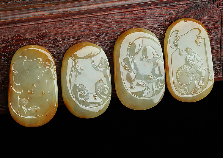 糯冰种褐黄翡飘红花四大喜事挂件（一套）