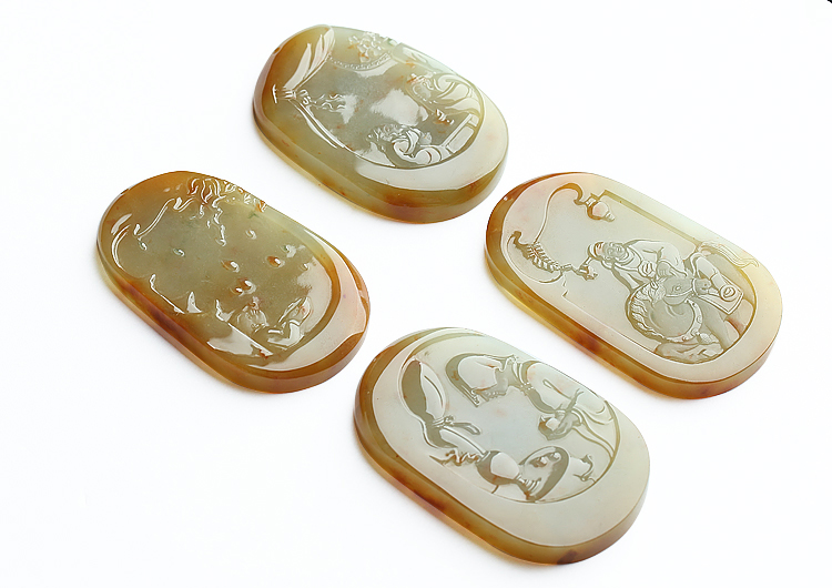 糯冰种褐黄翡飘红花四大喜事挂件（一套）