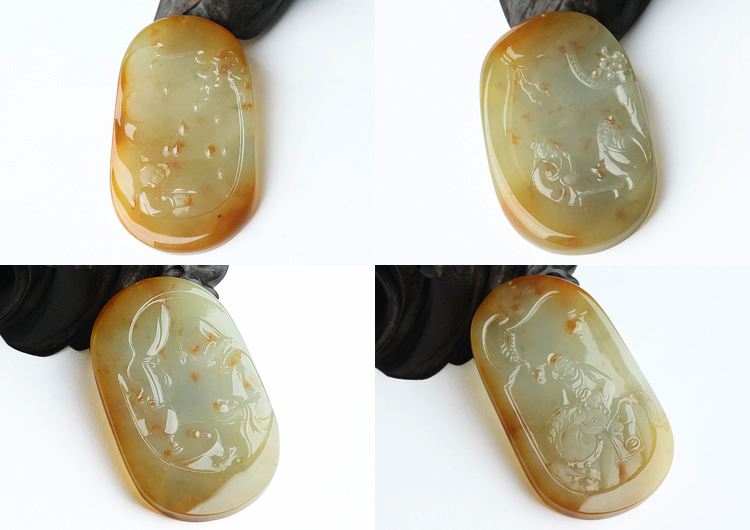 糯冰种褐黄翡飘红花四大喜事挂件（一套）