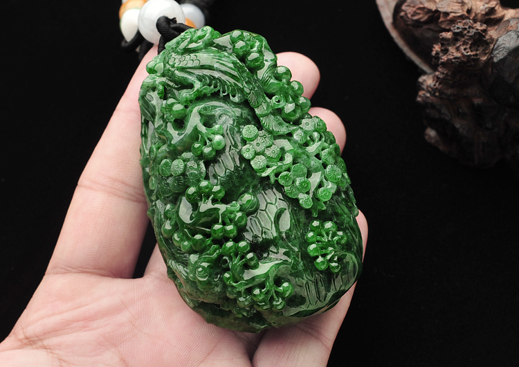 糯冰种浓绿鸟语花香手玩件