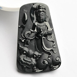 糯冰种墨翠文殊菩萨挂件