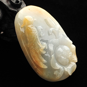 糯冰种褐黄翡花开富贵挂件