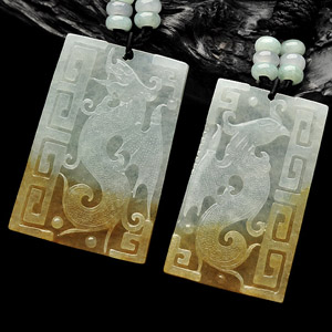 (超值推荐)糯冰种褐黄翡龙凤牌挂件(一对)