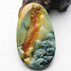 糯冰种红黄翡略飘花松鹤延年挂件