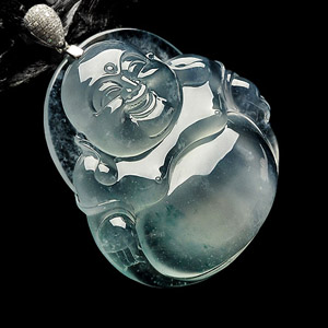 玻璃种淡晴水略飘花镶白金钻石金扣玉佛挂件
