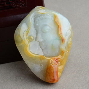 (超值推荐)糯冰种黄翡飘花释迦牟尼挂件