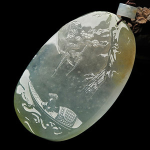 (超值推荐)冰玻种晴水略带黄翡寒江雪山水挂件