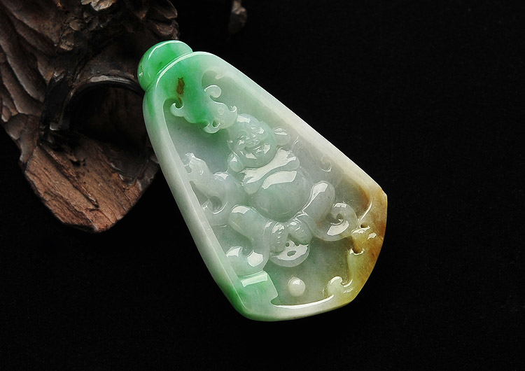 糯冰种黄加绿纳福挂件(一对)