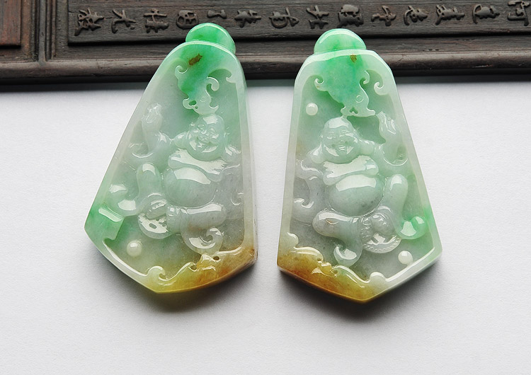 糯冰种黄加绿纳福挂件(一对)
