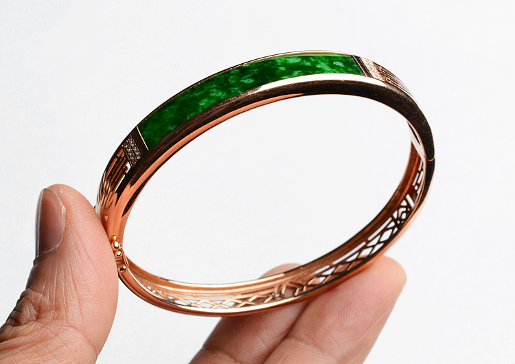 (超值推荐)冰种花青镶玫瑰金钻石贵妃镯（57.3mm-48mm）