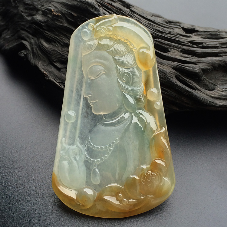 冰种黄翡略飘花莲花观音挂件
