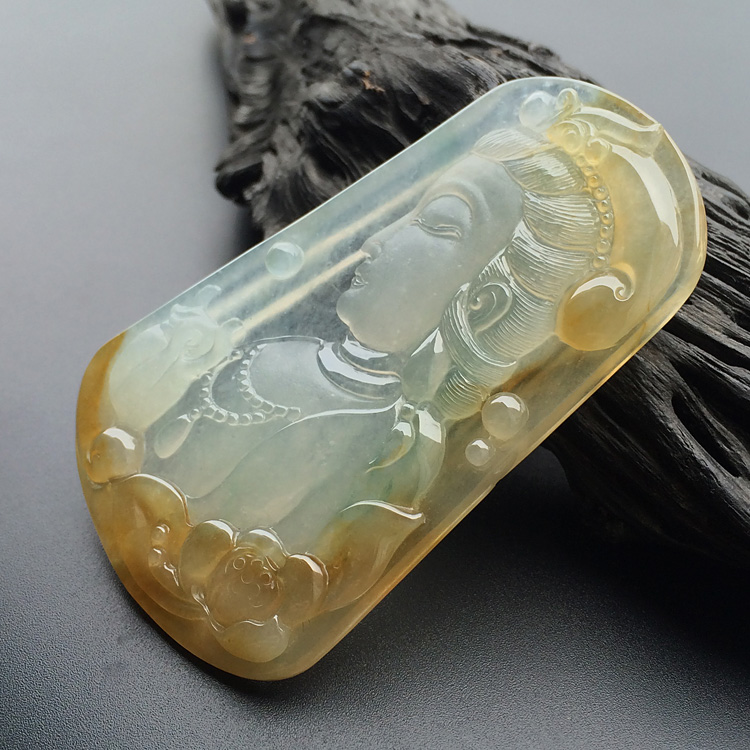冰种黄翡略飘花莲花观音挂件