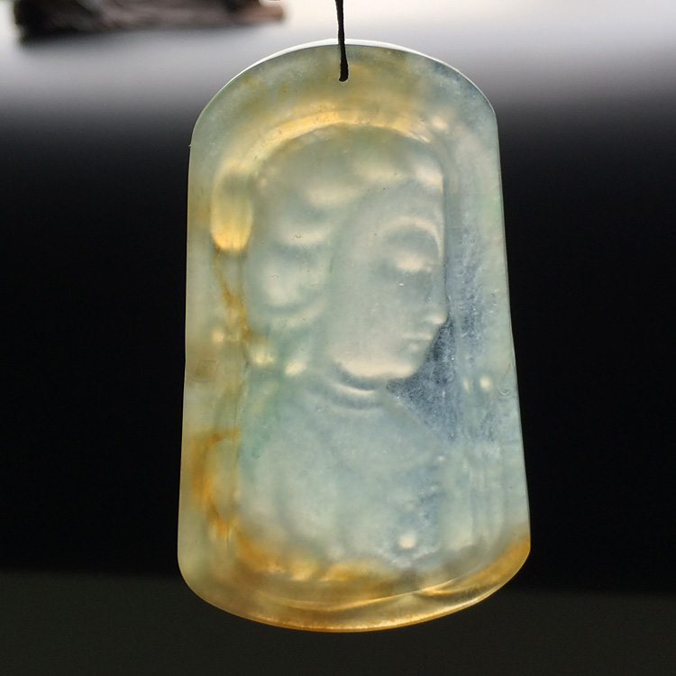 冰种黄翡略飘花莲花观音挂件