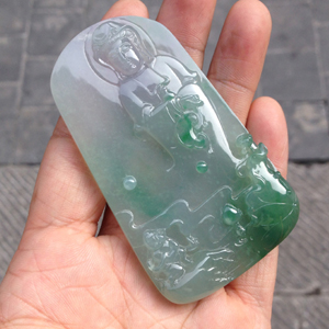 冰种飘翠童子拜观音挂件