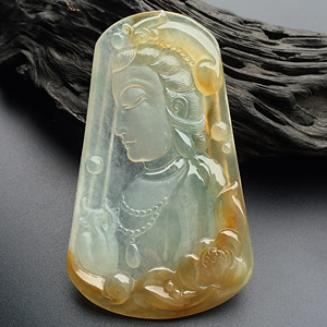 冰种黄翡略飘花莲花观音挂件