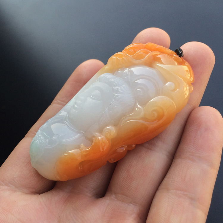 糯冰种红黄翡龙凤观音挂件