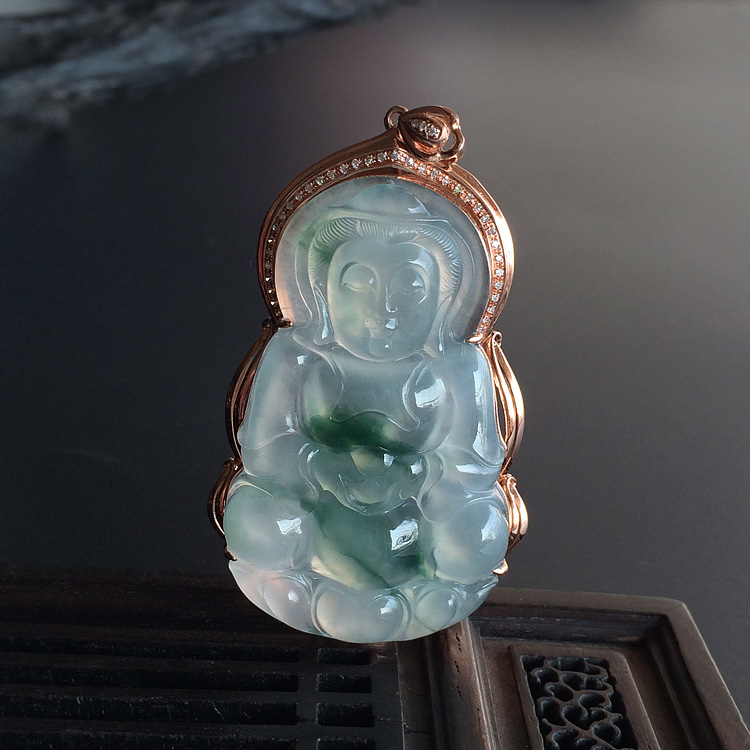 (超值推荐)冰种飘花镶玫瑰金观音胸坠(真钻)