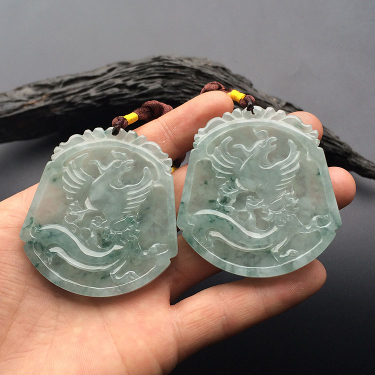 糯冰种飘花龙凤牌挂件（一对）