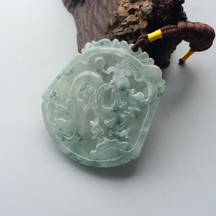 糯冰种飘花龙凤牌挂件（一对）