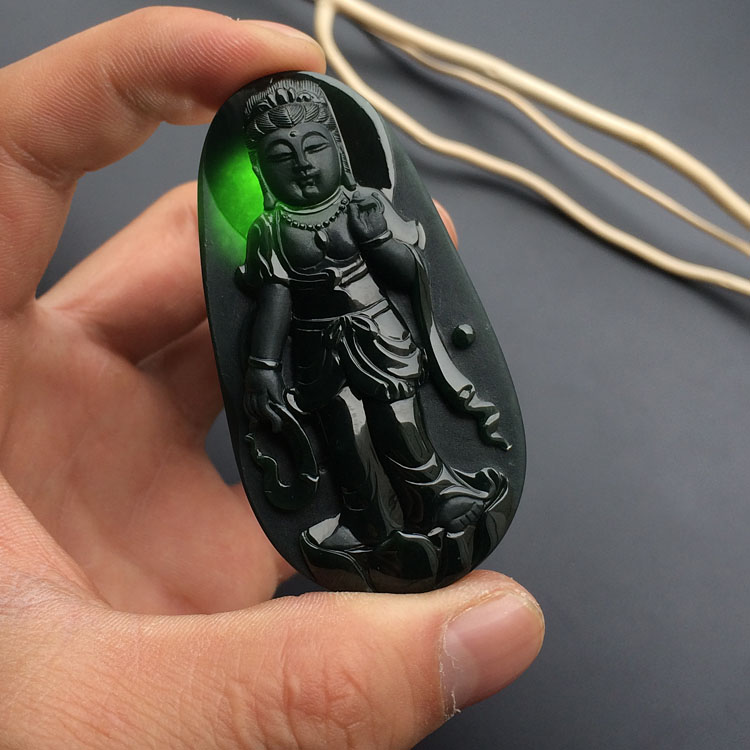 冰种墨翠站观音挂件