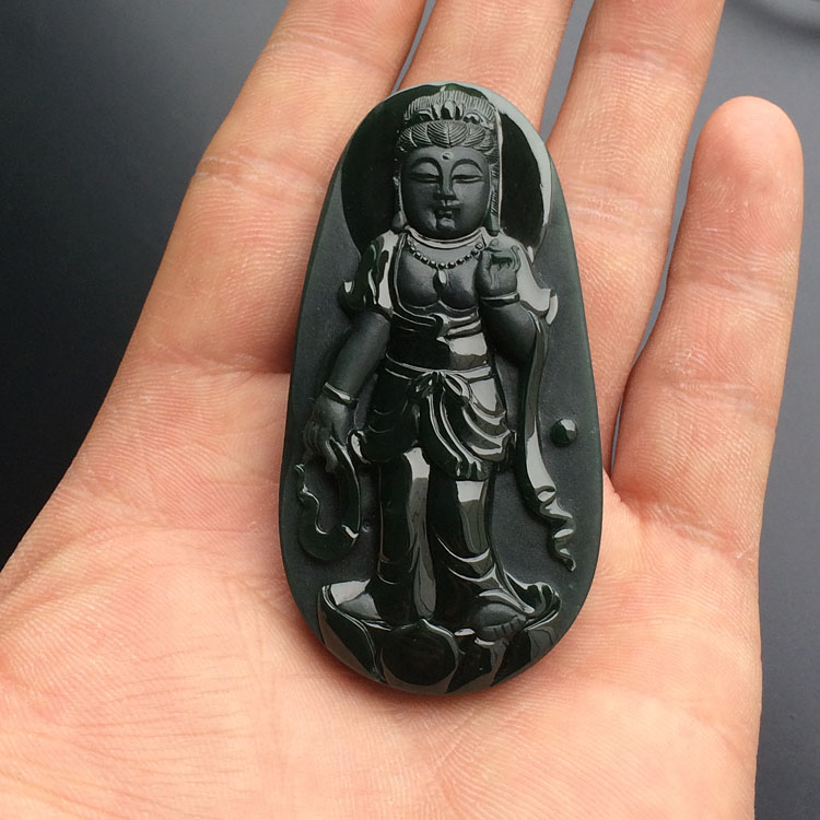 冰种墨翠站观音挂件