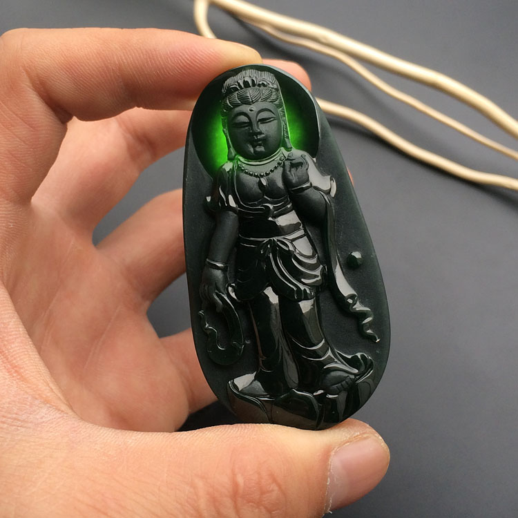 冰种墨翠站观音挂件