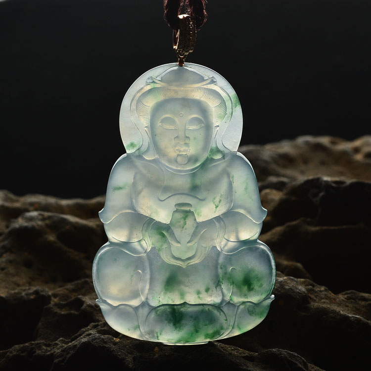 冰种飘花观音挂件（金扣）