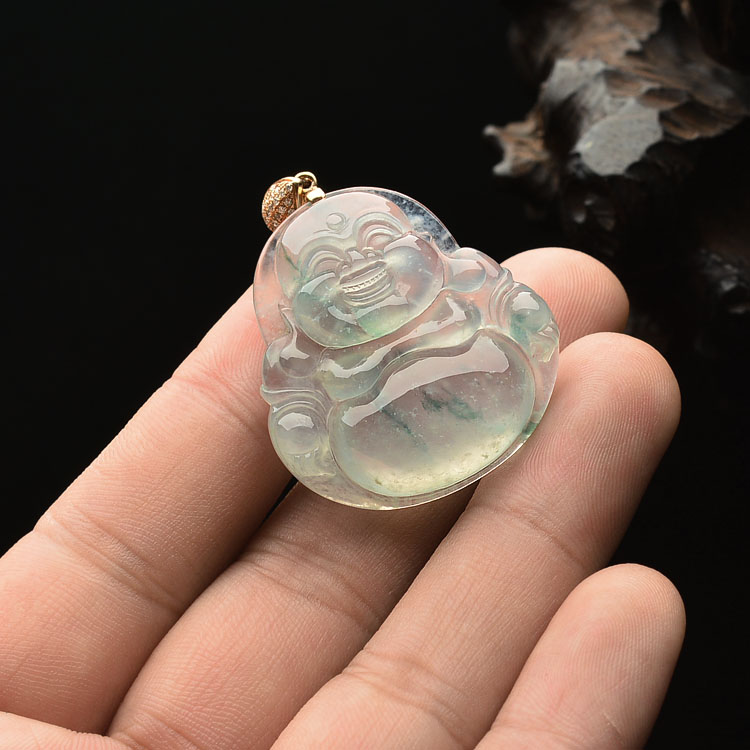 冰玻种飘花玉佛挂件