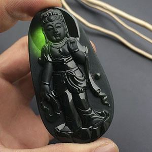冰种墨翠站观音挂件