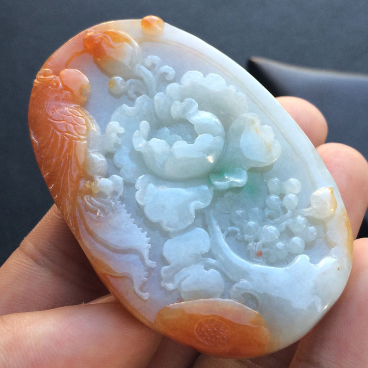 糯冰种红黄翡花开富贵挂件