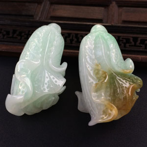 (超值推荐)糯冰种黄加绿/飘翠白菜挂件（一对）