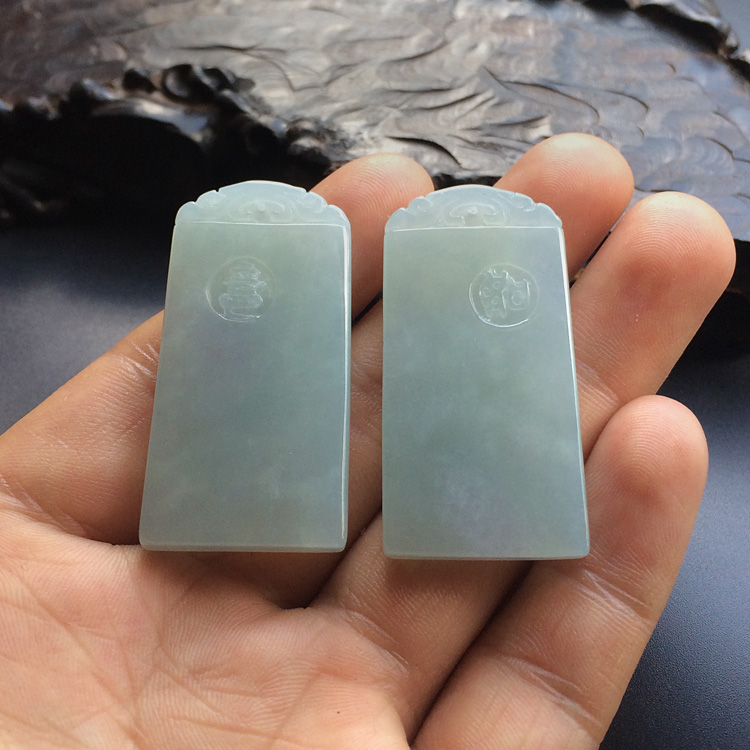 糯冰种晴水平安牌挂件（一对）