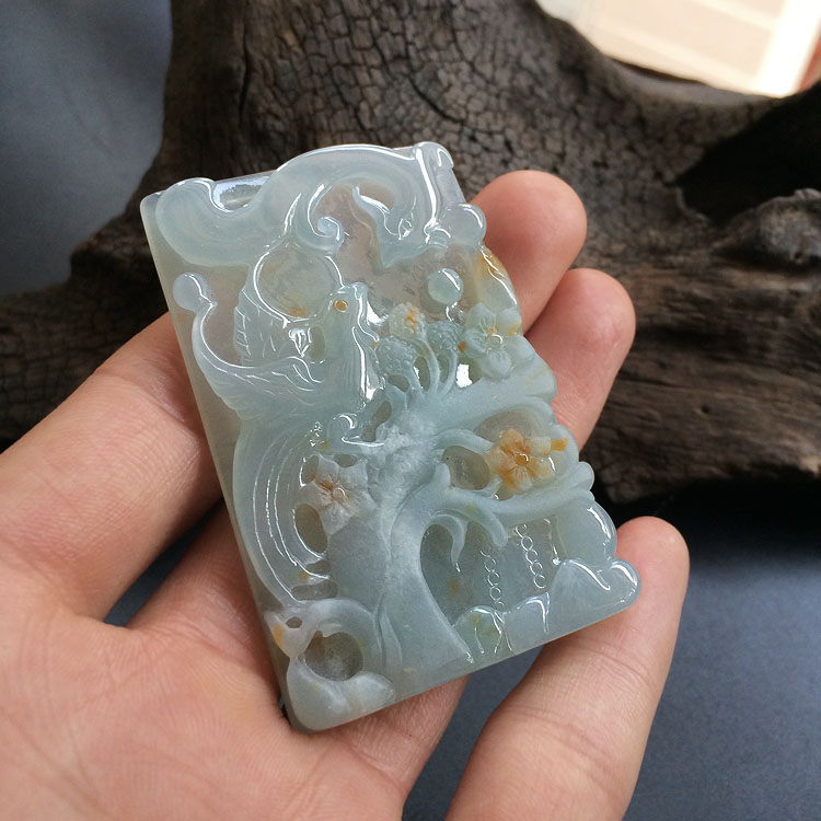 糯冰种飘黄翡龙凤牌挂件（一对)