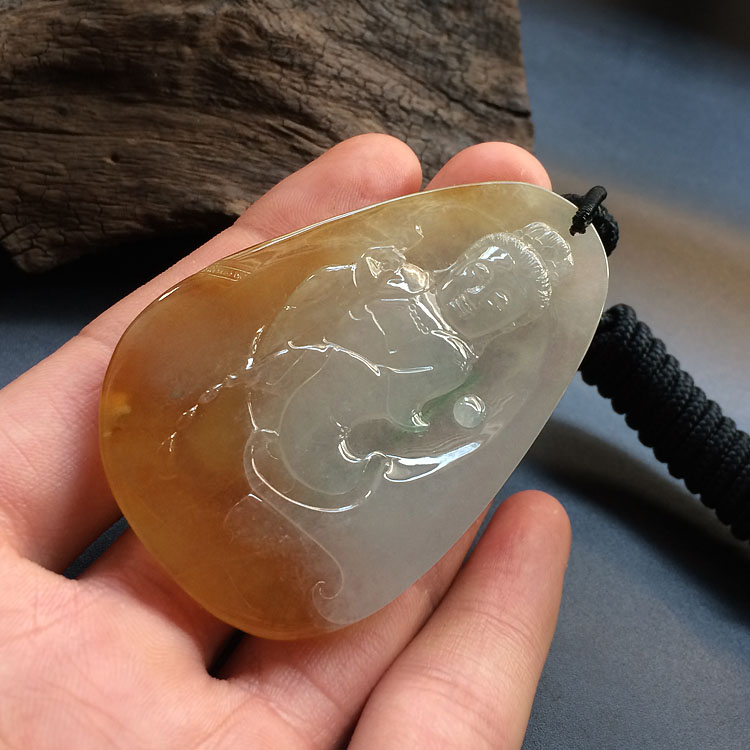 糯冰种晴水黄翡站观音挂件