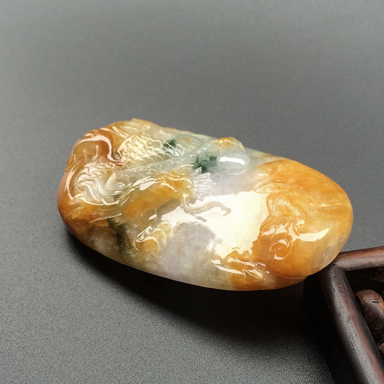 (超值推荐)糯冰种晴水黄翡飘花神龙挂件