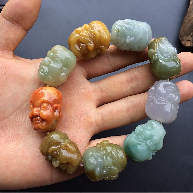 糯冰种三彩罗汉头手链